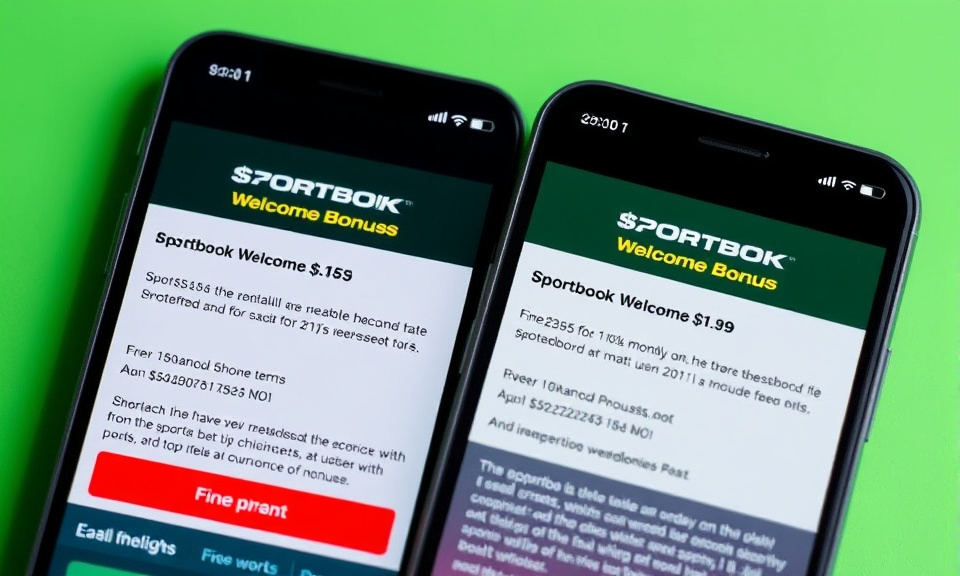 Two sportsbook apps showing different bonus offer details and playthrough requirements