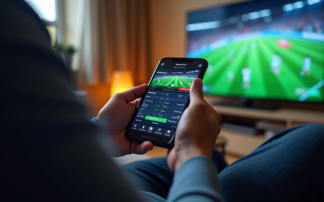 Someone betting on a sports app at home with a game playing nearby.